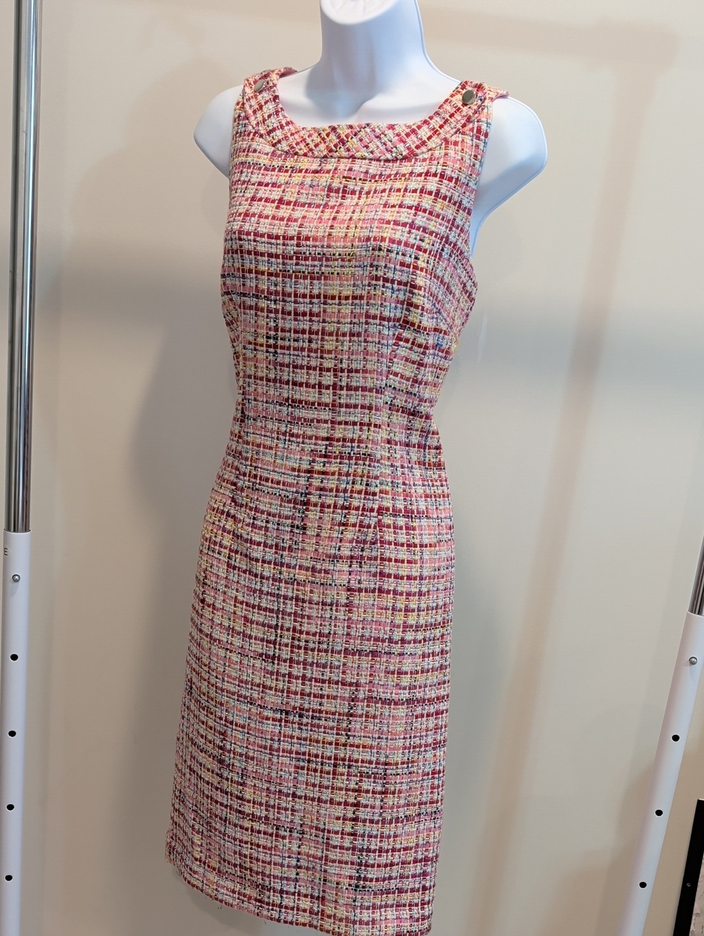 RSVP by Talbots Sleeveless Tweed Midi Dress in Pink Multi, Silver Buttons
